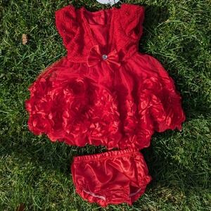 Nannette Baby Girl Dress Bloomers 12M Red Glitter Bow Flower Rose‎ Formal NWT
